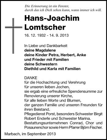 Todesanzeige von Hans-Joachim Lomtscher von Mittweida