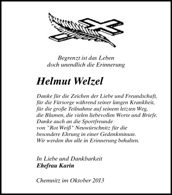 Todesanzeige von Helmut Welzel von Chemnitz, Stollberg