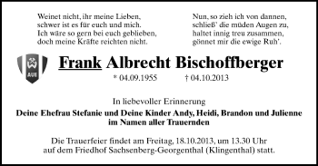 Todesanzeige von Frank Albrecht Bischoffberger von Auerbach, Oberes Vogtland