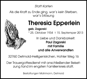 Todesanzeige von Theresia Epperlein von Schwarzenberg