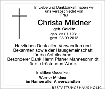 Todesanzeige von Christa Mildner von Zwickau
