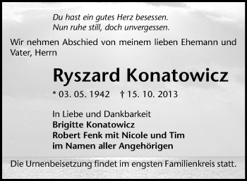 Todesanzeige von Ryszard Konatowicz von Chemnitz