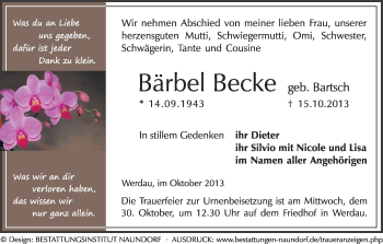 Todesanzeige von Bärbel Becke von Werdau