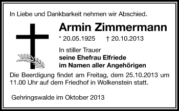 Todesanzeige von Armin Zimmermann von Marienberg, Zschopau