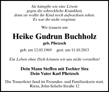 Todesanzeige von Heike Gudrun Buchholz von Plauen