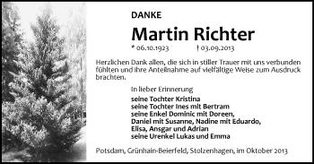 Todesanzeige von Martin Richter von Aue, Schwarzenberg