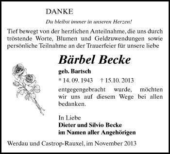 Todesanzeige von Bärbel Becke von Werdau