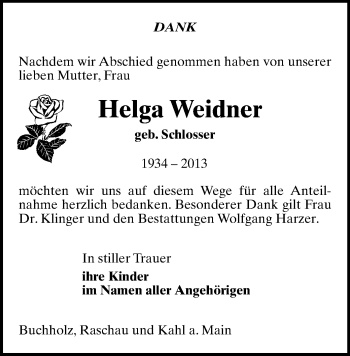 Todesanzeige von Helga Weidner von Annaberg