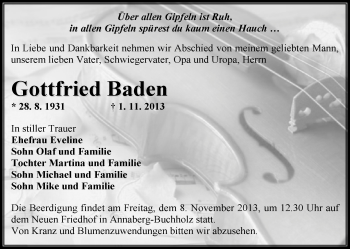 Todesanzeige von Gottfried Baden von Annaberg