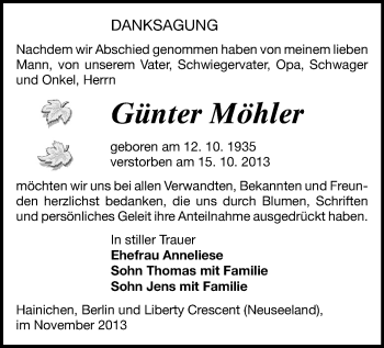 Todesanzeige von Günter Möhler von Mittweida