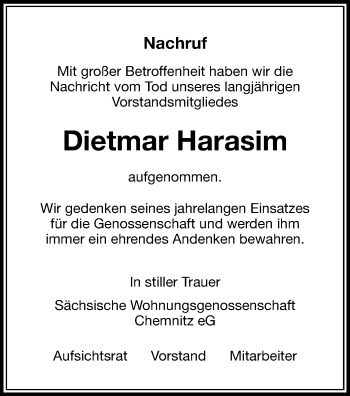 Todesanzeige von Dietmar Harasim von Chemnitz