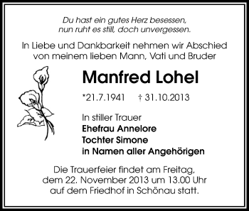 Todesanzeige von Manfred Lohel von Chemnitz