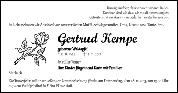 Todesanzeige von Gertrud Kempe von Flöha