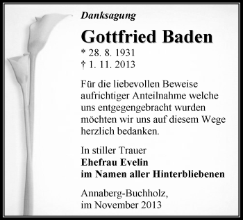 Todesanzeige von Gottfried Baden von Annaberg