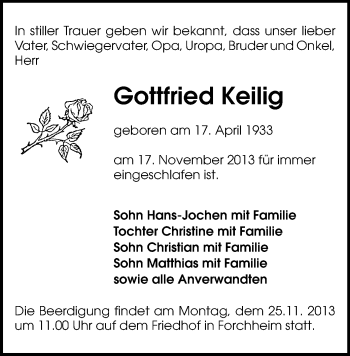 Todesanzeige von Gottfried Keilig von Marienberg