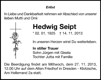 Todesanzeige von Hedwig Seipt von Freiberg / Brand Erbisdorf