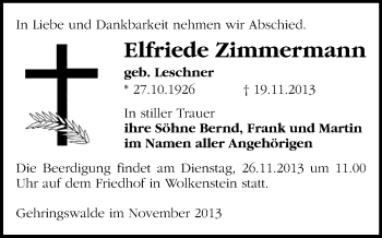 Todesanzeige von Elfriede Zimmermann von Marienberg, Zschopau