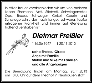 Todesanzeige von Dietmar Preißler von Chemnitz, Freiberg / Brand Erbisdorf, Marienberg