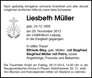 Todesanzeige von Liesbeth Müller von Plauen