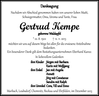Todesanzeige von Gertrud Kempe von Flöha