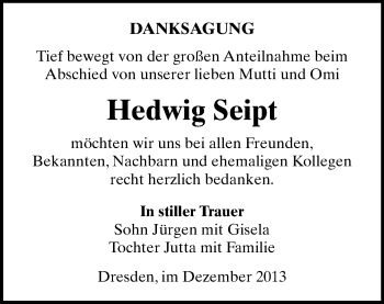 Todesanzeige von Hedwig Seipt von Freiberg / Brand Erbisdorf