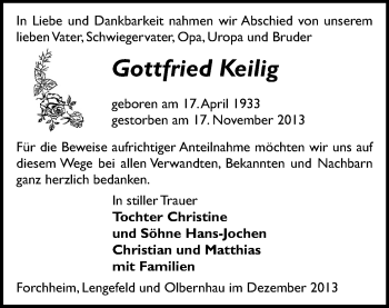 Todesanzeige von Gottfried Keilig von Freiberg / Brand Erbisdorf, Marienberg