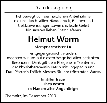 Todesanzeige von Helmut Worm von Chemnitz