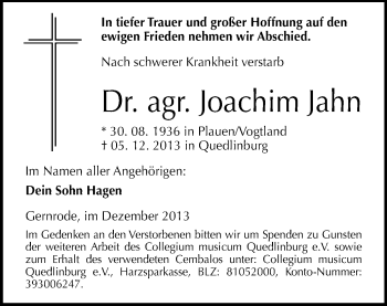 Todesanzeige von Joachim Jahn von Plauen