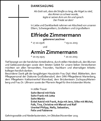Todesanzeige von Elfriede und Armin Zimmermann von Marienberg, Zschopau