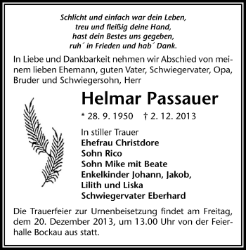 Todesanzeige von Helmar Passauer von Aue
