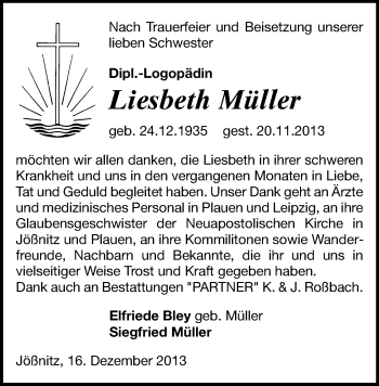 Todesanzeige von Liesbeth Müller von Plauen