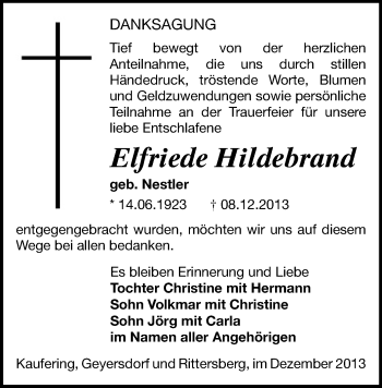 Todesanzeige von Elfriede Hildebrand von Annaberg, Marienberg