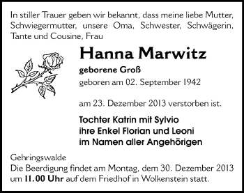 Todesanzeige von Hanna Marwitz von Marienberg, Zschopau