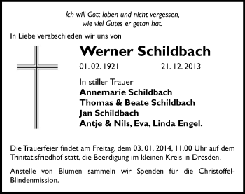 Todesanzeige von Werner Schildbach von Chemnitz