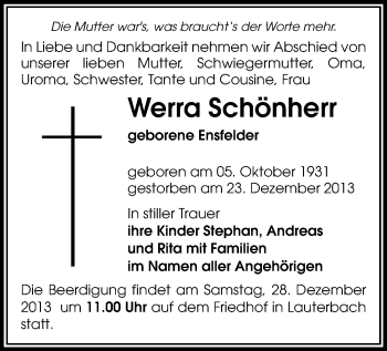 Todesanzeige von Werra Schönherr von Marienberg