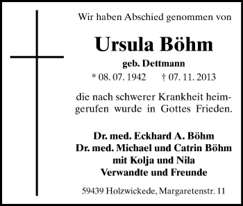 Todesanzeige von Ursula Böhm von Hohenstein-Ernstthal