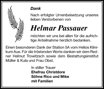 Todesanzeige von Helmar Passauer von Aue