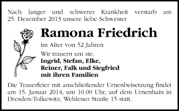 Todesanzeige von Ramona Friedrich von Freiberg / Brand Erbisdorf