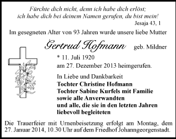 Todesanzeige von Gertrud Hofmann von Schwarzenberg