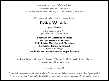 Todesanzeige von Erika Winkler von Chemnitz