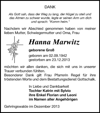 Todesanzeige von Hanna Marwitz von Marienberg, Zschopau