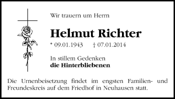Todesanzeige von Helmut Richter von Freiberg / Brand Erbisdorf