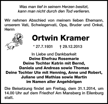 Todesanzeige von Ortwin Kramer von Chemnitz