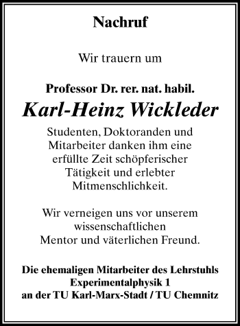 Todesanzeige von Karl-Heinz Wickleder von Chemnitz