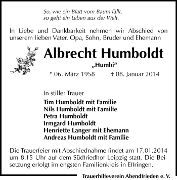 Todesanzeige von Albrecht Humboldt von Chemnitz