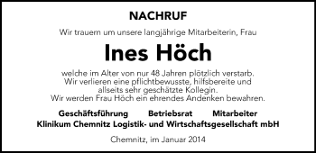 Todesanzeige von Ines höch von Chemnitz