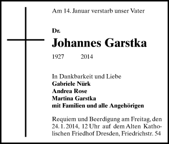 Todesanzeige von Johannes Garstka von Freiberg / Brand Erbisdorf