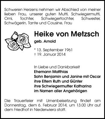Todesanzeige von Heike von Metzsch von Glauchau