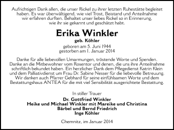 Todesanzeige von Erika Winkler von Chemnitz