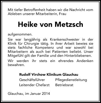 Todesanzeige von Heike von Metzsch von Glauchau
